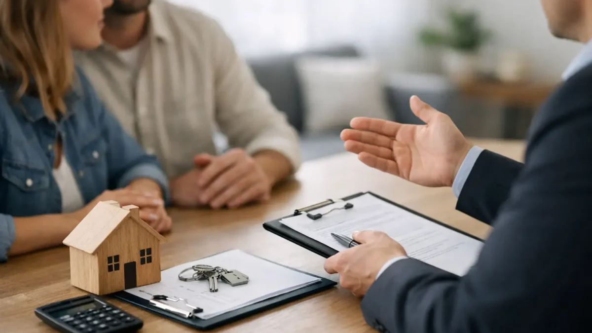 Real estate agent discussing with a couple at a table, with a wooden house model, keys, and clipboard on the desk.