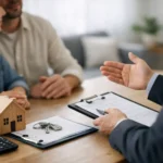 Real estate agent discussing with a couple at a table, with a wooden house model, keys, and clipboard on the desk.