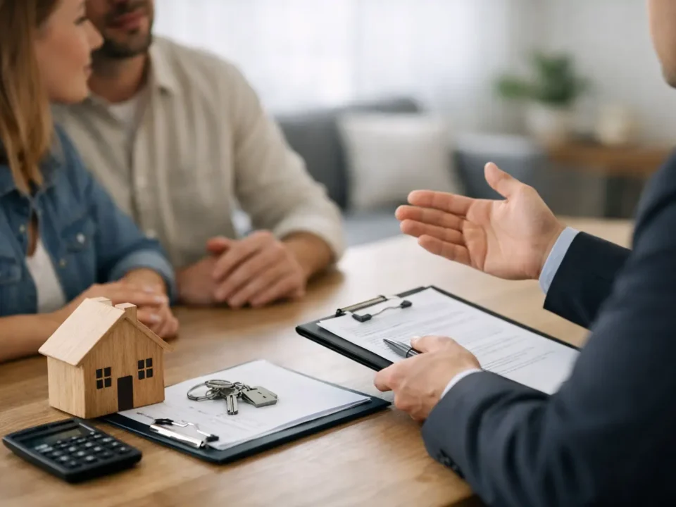 Real estate agent discussing with a couple at a table, with a wooden house model, keys, and clipboard on the desk.